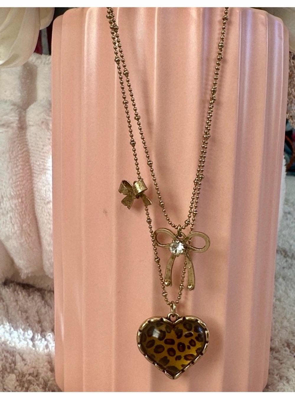 Betsey Johnson Vintage Gold Bow Layered Necklace Leopard Heart Pendant Y2K Rare